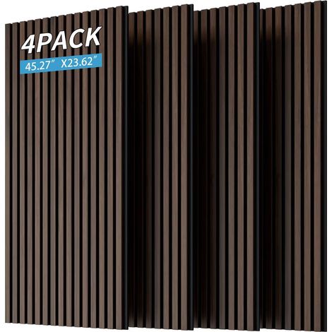 Panneaux lattes acoustiques bois 4 pièces 115x60cm 3D cannelé absorbant sonore. Pour décoration mur et plafond,teinte noyer foncé.