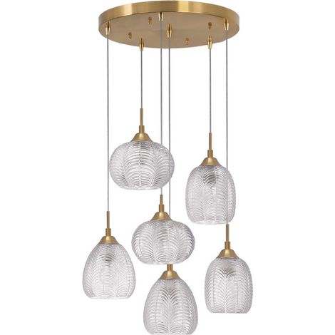 Merano Etobicoke Plafonnier suspendu 6 lumières en verre transparent et métal doré satiné LED E27