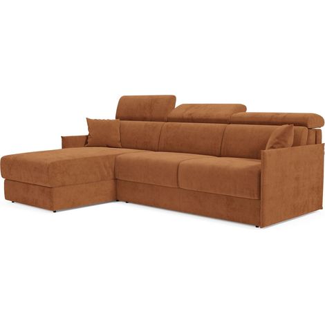 Miryam divano letto angolare compatto - poggiatesta reclinabili e penisola contenitore in tessuto smacchiabile T31 232 cm sinistro arancio ruggine (1/5)