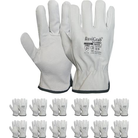 Pack de 12 Gants de travail, Cuir de fleur naturelle, Protection mécanique et thermique, Élastique au poignet, Industrie et jardinage (1/5)