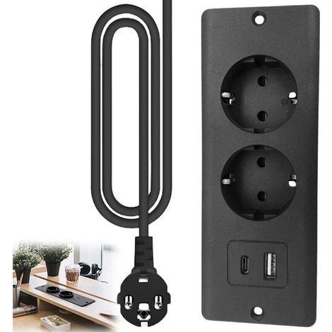 Prise de table encastrée, multiprise encastrée avec 1 port USB et 1 port Type-C, prise rétractable avec câble de 1,5 m, prise de table encastrée -Noir (1/4)