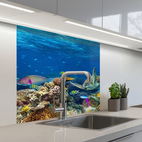 Kitchen Splashback Underwater landscape - Fish - Turtle - Blue 80x80 cm