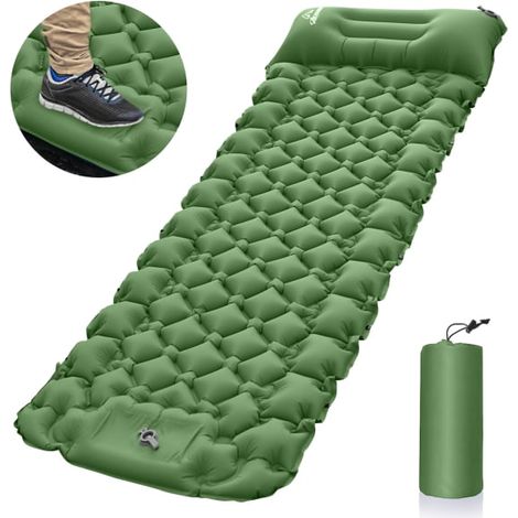 HONORNIC - Matelas gonflable ultraléger portable pour le camping, sac de couchage avec oreiller et pompe à pied
