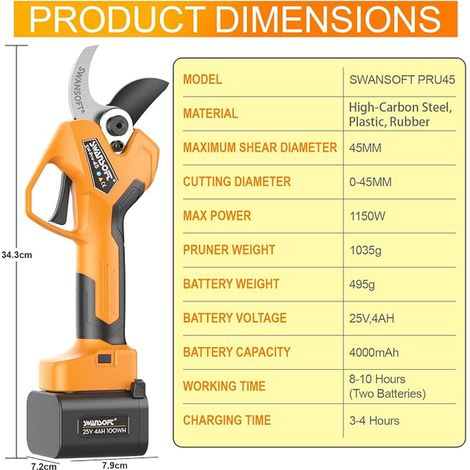 Electric Secator, 45 mm Electric Pruner, Brushless Motor, LCD Screen, Electric Secator for Gardening, Orchards, Vines (1/3)