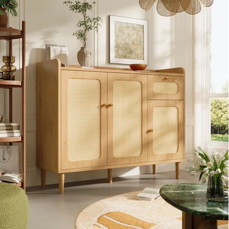 Aparador 120 x 40 x 91 cm en MDF acabado roble, 3 puertas, 1 cajón OKMYHOME (1/5)