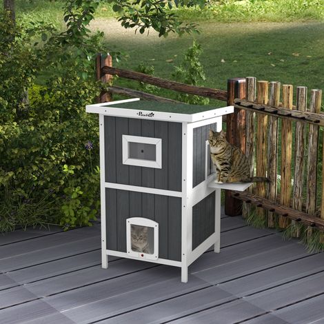 Lit chat pour avec entrées amusantes en bois imperméable 2 niveaux - maison extérieure avec toit ouvrant - 60x60x90,5 cm