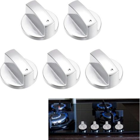 Set di 5 maniglie universali da 6 mm per fornelli a gas, pomelli di ricambio in metallo argentato resistenti per cucine, piani cottura e forni (1/5)