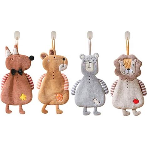 Set di 4 asciugamani da appendere, graziosi strofinacci da cucina con motivi di animali, asciugamano viso in microfibra di velluto corallo morbido e assorbente per bambini (1/4)