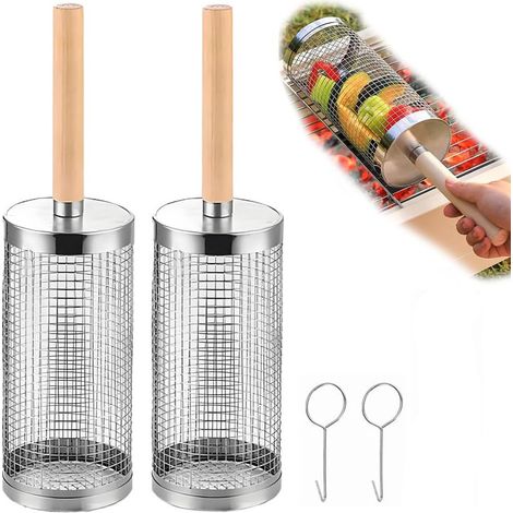 Lot de 2 paniers de barbecue roulants en acier inoxydable 35 × 9,5 cm – Avec poignées en bois amovibles et crochets – Paniers cylindriques pour légumes et grillades (1/5)