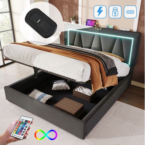 Cama doble 160x200 cm con LED, USB Type-C, cabecero regulable y almacenaje, lino gris, REDOM (1/5)