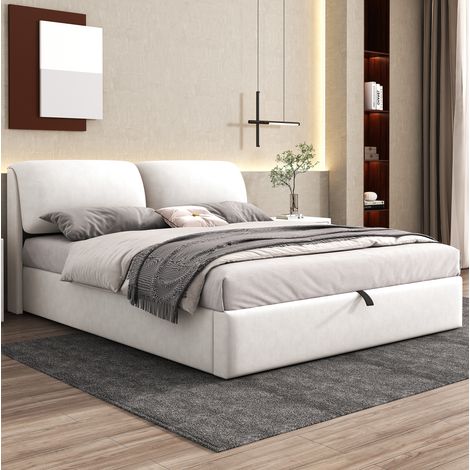 Lit coffre 180x200 avec 3 tiroirs en velours beige HAVRYA (1/5)