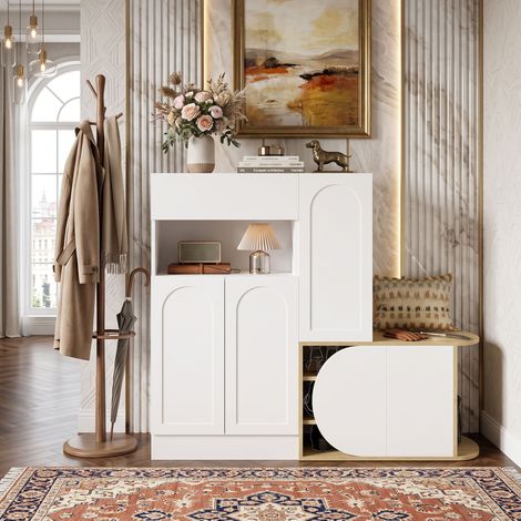 Creahappy Meuble à Chaussures avec Banc 130x35x110.5 cm - Rangement Entrée Gain de Place - Buffet Style Moderne Blanc et Bois (1/5)