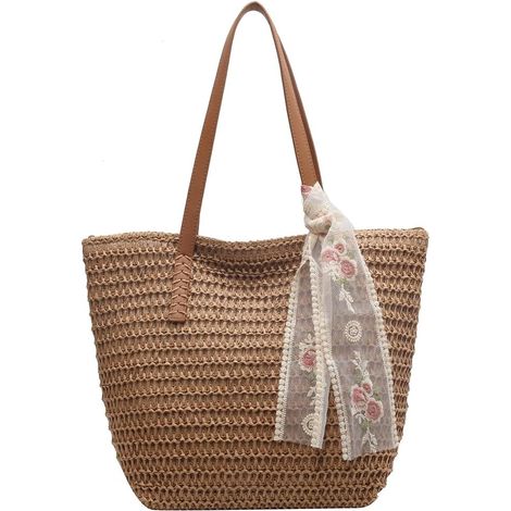 Borsa da donna in paglia, decorazione floreale in pizzo fatta a mano per l'estate, semplice borsa a tracolla in paglia, borsa Rafi, borsa in vimini intrecciato, per lo shopping in spiaggia