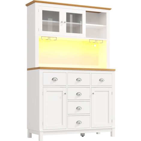ELVMI Credenza da Cucina con 4 Ante, LED e Portabottiglie, per Cucina e Sala da Pranzo, in MDF, Bianco, 104×40×180 cm (1/5)