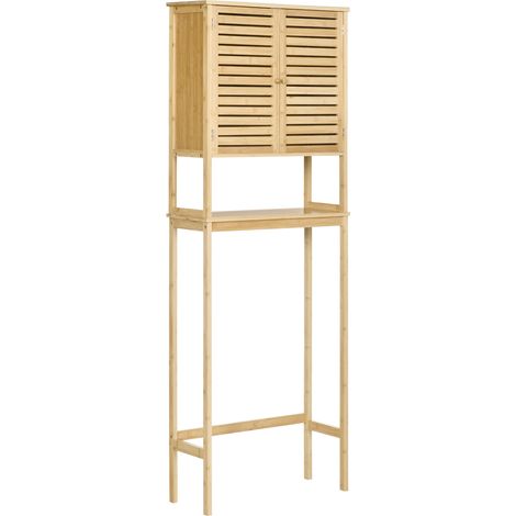 Kleankin WC-Regal, Badezimmerschrank über der Toilette mit 2 Türen und offenem Fach, 60 x 23 x 173 cm, Bambus