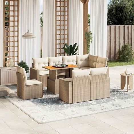 Ensemble Salon Jardin 9 Places Résine Tressée Beige - Canapés d'Angle, Table Réglable et Coussins Déhoussables (1/3)
