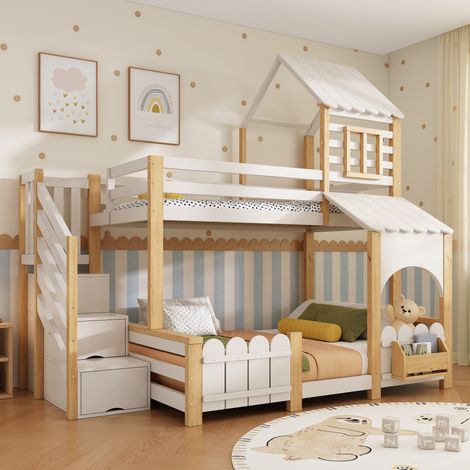 Lit superposé enfant/lit cabane 90x200/140x200 cm, lit familial avec escalier de rangement, design clôture de jardin, boîte aux lettres/bibliothèque, toit et protection antichute, blanc et naturel, sa (1/5)