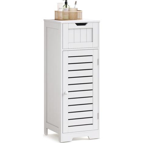 Mondeer Cassettiera Bagno, armadio da bagno stretto con cassetto e ante a lamelle in legno MDF, stile moderno, per bagno, cucina, soggiorno, camera da letto, 32 x 30 x 87 cm, Bianco (1/5)