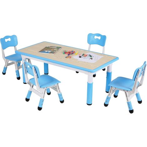 Table pour Enfant avec 4 chaises, Hauteur réglable, Groupe de Table pour Chambre d'enfant, en Plastique, Table et chaises pour garçons et Filles à partir de 2 Ans (Bleu) (1/5)
