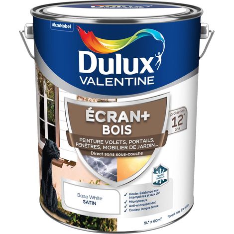 ECRAN+ BOIS - Peinture satinée pour bois extérieur - Volets, portes, fenêtres, portails - Blanc 5 L - Dulux Valentine