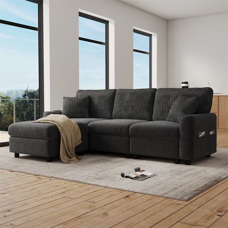Canapé Convertible Modulaire Chenille - 223x146x84cm - Canapé 4 Places Velours Côtelé Connecté Pouf 2 Coussins Salon - Noir (1/5)