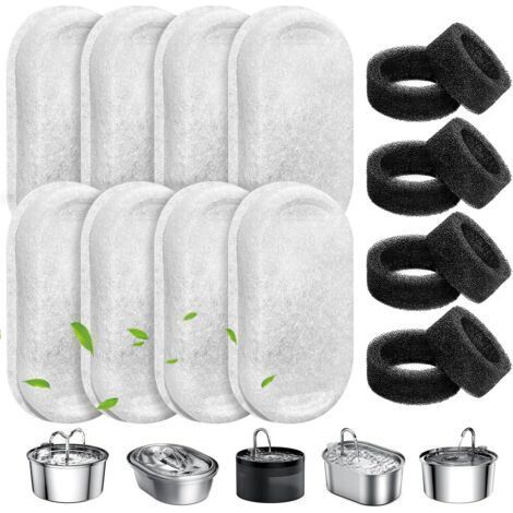 Filtre pour fontaine à eau pour chat, lot de 8 filtres de rechange pour animaux avec 8 éponges en acier inoxydable, distributeur d'eau pour animaux en forme de robinet (1/5)