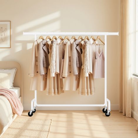 Portant à Vêtements, Tringle Extensible, 45 x (110-150) x 162,9 cm, avec Roulettes, Charge 130 kg, en Métal, Blanc