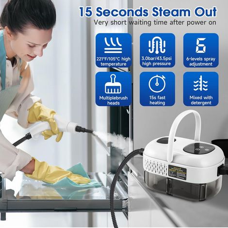 Pulitore a vapore portatile da 1600 W, pulitore a vapore ad alta pressione da 900 ml con 3 testine a spazzola, pulitore a vapore portatile multifunzionale per mobili da cucina, bagno, auto (bianco) (1/4)