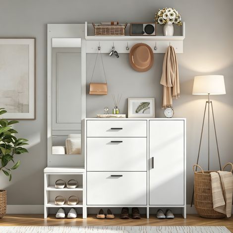 Porte-manteau pour l'entrée, comprenant un meuble à chaussures, un miroir et des patères, meuble à chaussures multifonctionnel avec banc intégré, pour entrée de couloir, blanc, 140 x 30 x 200 cm (1/4)