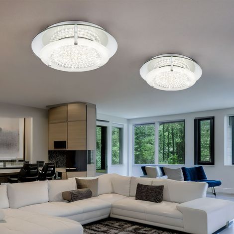 Deckenleuchte Wohnzimmerleuchte Schlafzimmerlampe Küchenleuchte Esszimmerlampe, Chrom Kristalle klar, LED 12W 840Lm 4000K neutralweiß, D 28 cm, 2er Set