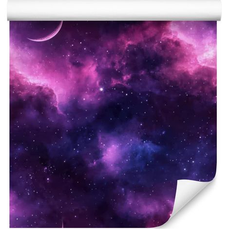 Papel pintado de galaxia en acuarela en tonos índigo, violeta, ciruela y azul marino, 50x1000 cm. (1/5)