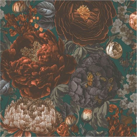 Flowers wallcovering wall Profhome 399793 hot embossed non-woven wallpaper smooth with floral ornaments matt green brown orange yellow grey 5,33 m2 (1/5)