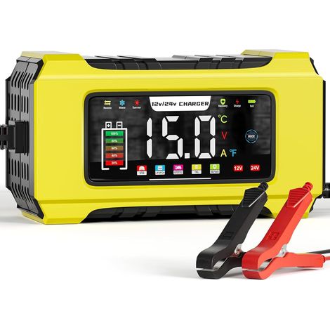 Caricabatterie per auto da 15 A, 12 V/24 V, caricabatteria automatico intelligente con display LCD, compensazione della temperatura per auto, AGM, gel, umido, SLA per batterie al piombo e batterie