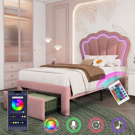 Lit simple enfant - APP - 90x190 cm - Velours rose - Tête de lit réglable - Éclairage LED