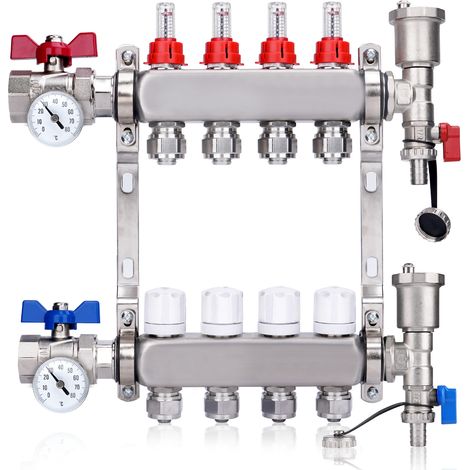 Kit Collecteur Radiateur, 4 Circuits Distributeur Chauffage, avec Thermomètreavec, avec Eurocône 3/4 (16 x 2 mm), Vannes à Boisseau Sphérique 1", avec Purgeur Manuel et Débitmètre, Distributeur HKV