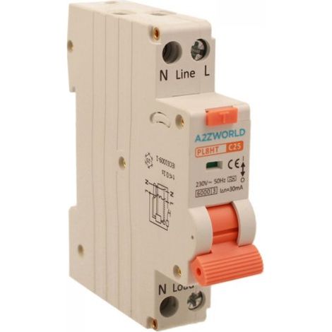 RCBO Interruttore Magnetotermico Differenziale Tipo A Curva C 1P+N 1M 6000A 30mA C25A AC 230V IP20 IEC61009-1 PL8HT GB57325