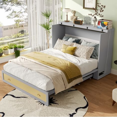 Lit escamotable 140x200 cm avec tiroirs, étagère, ports USB et Type-C, en bois gris, sans matelas (1/5)