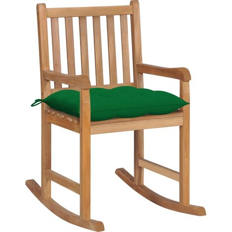 Chaise à bascule avec coussin vert Bois de teck solide