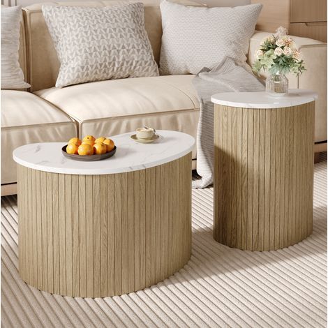 Set de 2 tables basses modernes minimalistes en MDF effet marbre et bois naturel blanc (1/5)