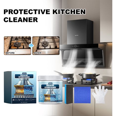 Nettoyant multi-usages pour plaques de cuisson, hottes et taches de graisse tenaces – 100 g + éponge + chiffon + gants -- DTEKGAZ (1/5)
