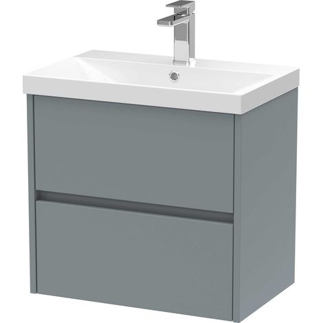 Nuie Havana Matt Coastal Grey 600mm Wall Hung 2 Drawer Vanity Unit and Thin Edge Ceramic Basin - HAV2304D (1/4)