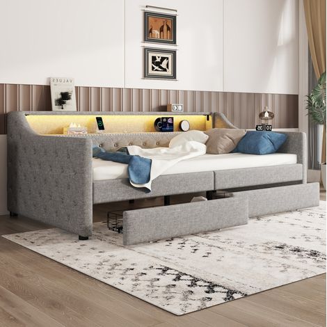 Letto da giorno 90x200 cm grigio in lino e MDF con LED, USB e 2 cassetti (1/5)
