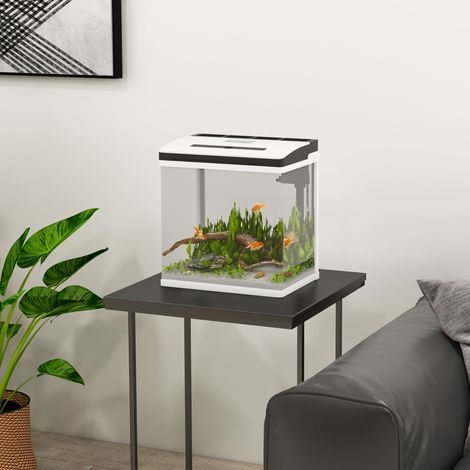 Aquarium domestique de 13 litres avec éclairage LED, trous de ventilation et pompe silencieuse, en verre HD et ABS, 29 x 20 x 30,5 cm, blanc et transparent.
