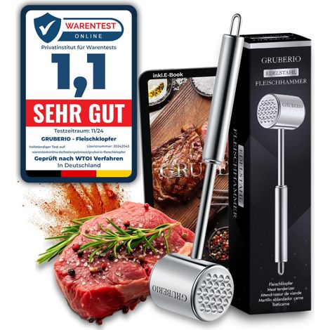 Attendrisseur à viande avec livre électronique de recettes - Attendrisseur d'escalopes - Marteau à viande - Plaquette à viande - Acier inoxydable (1/5)