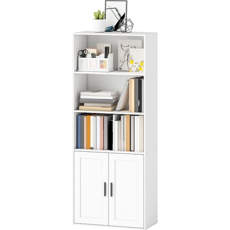 Bibliothèque avec étagères ouvertes et armoire à 2 portes avec étagère intérieure réglable, 60 x 30 x 145,5 cm, blanche