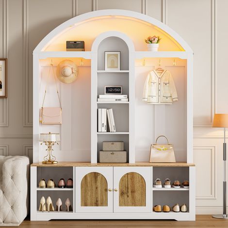 Ingresso con ripiano aperto per scarpe, ganci e ripiano aperto, in MDF, bianco e naturale (1/5)