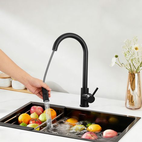 Robinet de cuisine en acier inoxydable 304 avec bec extensible rotatif - Bec pivotant et extensible à 360° - Cartouche en céramique - Bubbler en nid d'abeille pour un jet - Noir (1/5)