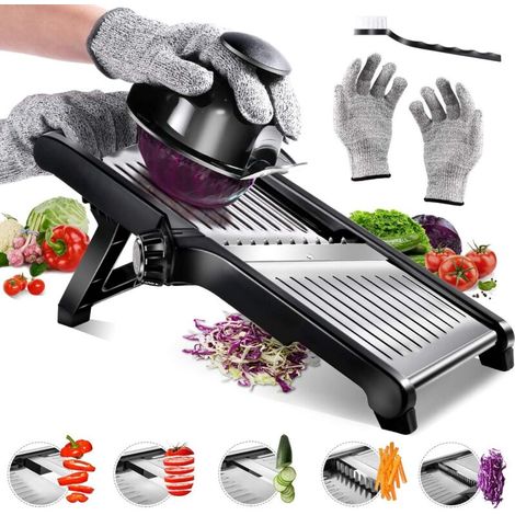Mandoline Inox Professionnelle avec Lame Tranchante, Inclus 1 Gants de Sécurité et 1 Brosse de Nettoyage (1/5)