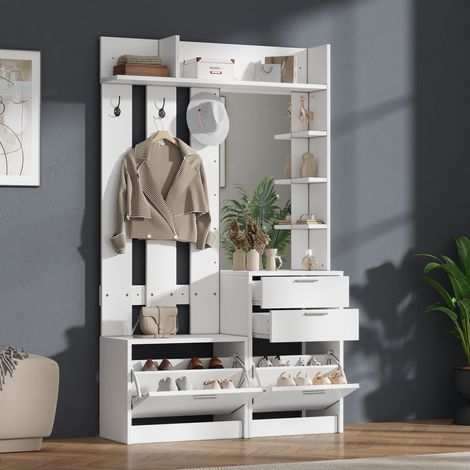 Mueble de entrada con espejo, 2 cajones y 2 zapateros, 110 x 34 x 185 cm, blanco DESVIAE (1/5)