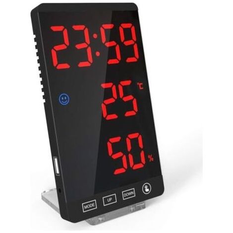 Miroir intelligent avec horloge LED, réveil, horloge numérique, luminosité réglable sur 4 niveaux, avec affichage de la météo et de la température. (1/4)